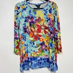 Ali Miles Bright Floral Jersey Tunic Top Sz L Multicolor Lagenlook Artsy Novelty